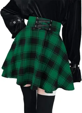 Lunoakvo Women's High Waisted Short A-line Flare Gothic Mini Black Red Plaid Pleated Skirt Dress