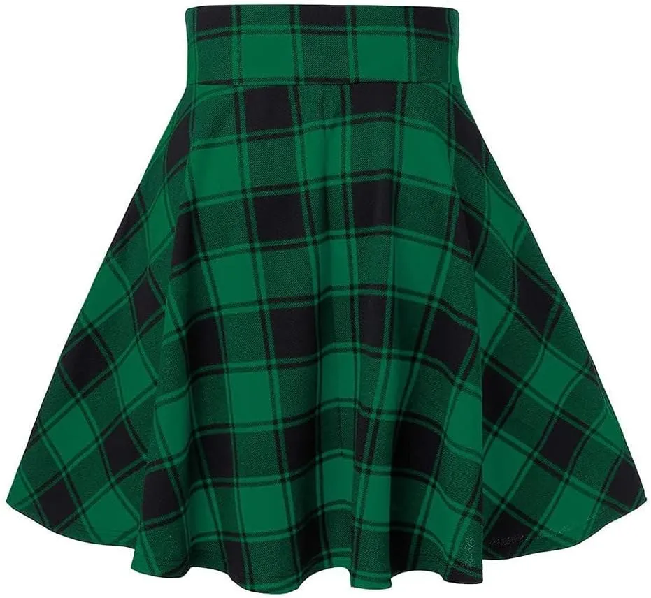 Lunoakvo Women's High Waisted Short A-line Flare Gothic Mini Black Red Plaid Pleated Skirt Dress