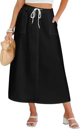 luvamia Denim Skirts for Women Trendy A Line Long Maxi Pull On Elastic Waist Drawstring Stretchy Jean Skirt with Pockets