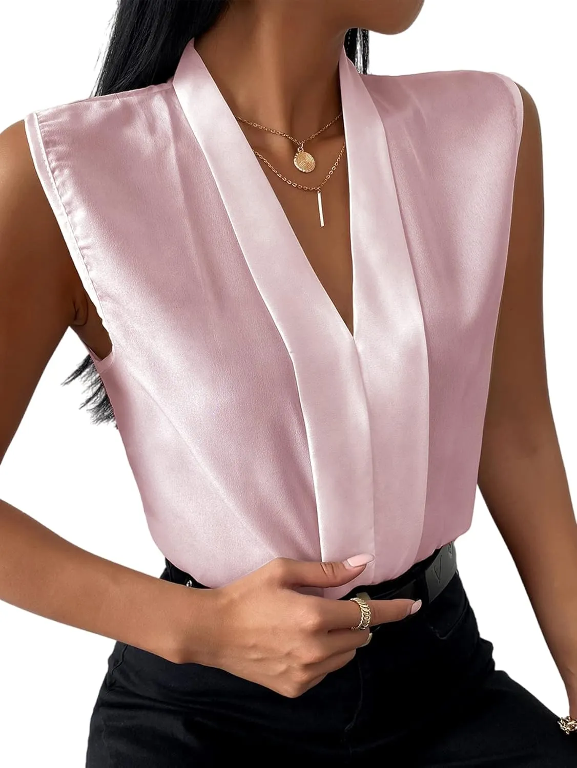 LYANER Women's Elegant V Neck Pleated Sleeveless Blouse Work Shirt Tank Top Solid Baby Blue X-Large