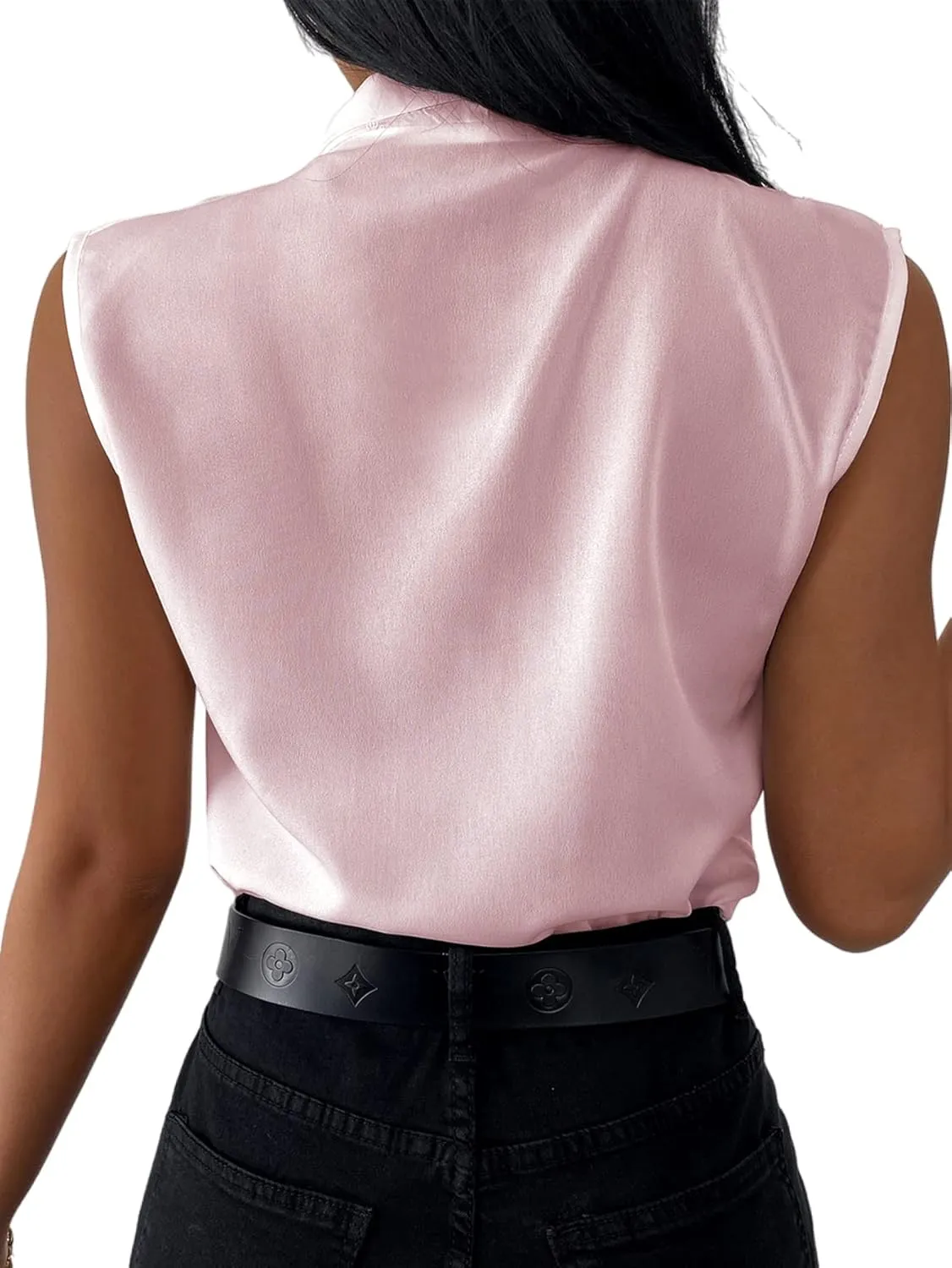 LYANER Women's Elegant V Neck Pleated Sleeveless Blouse Work Shirt Tank Top Solid Baby Blue X-Large