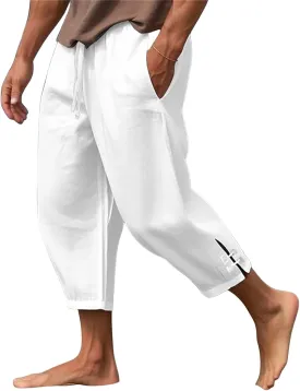 Mens 3/4 Pants Loose Elastic Waisted Lightweight Lounge Pant Drawstring Beach Summer Yoga Hippie Capri Slacks Pockets