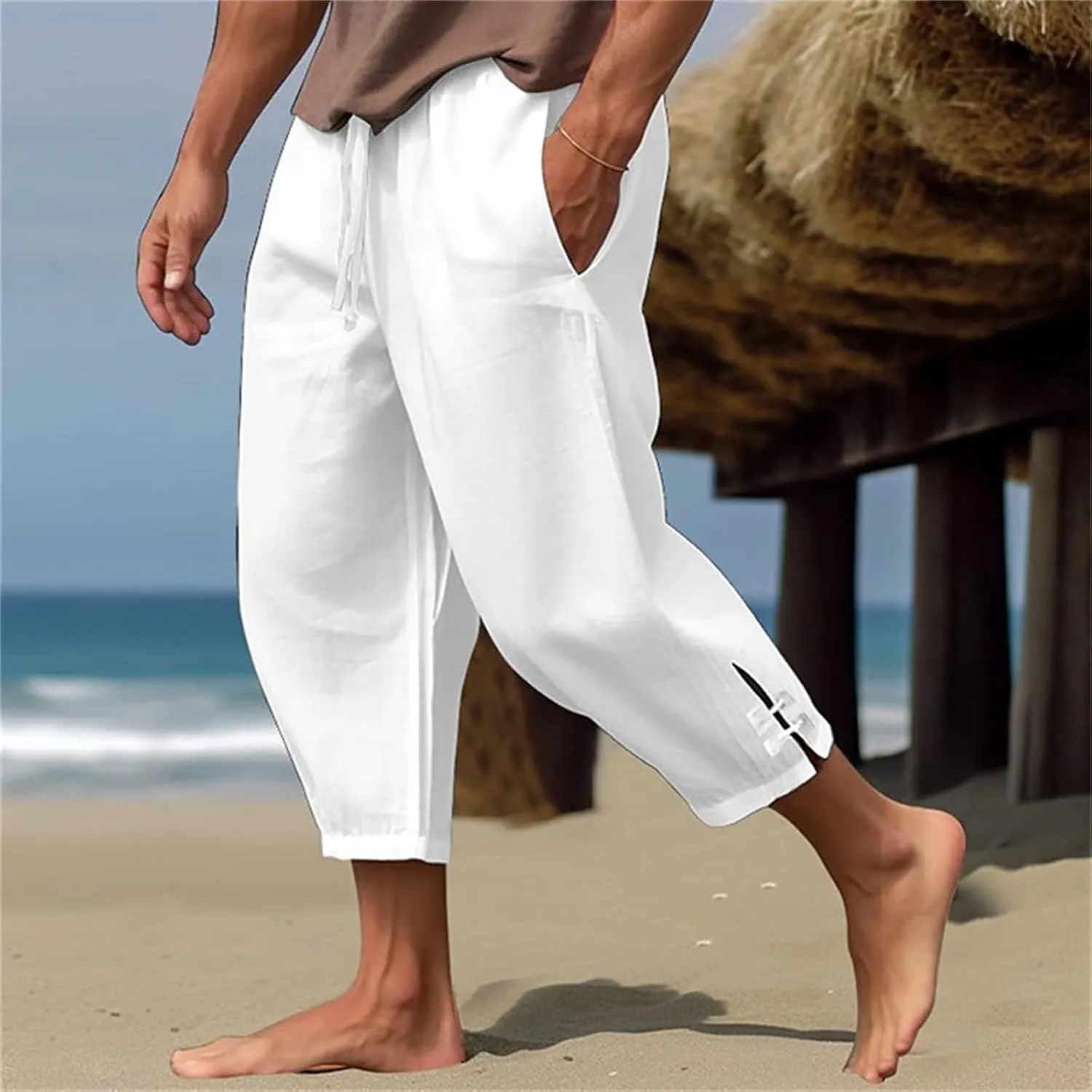 Mens 3/4 Pants Loose Elastic Waisted Lightweight Lounge Pant Drawstring Beach Summer Yoga Hippie Capri Slacks Pockets