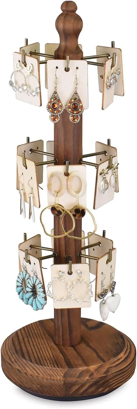 MOOCA Rotatable Wooden Bracelet Holder & Jewelry Display Stand, Rotating Jewelry Stand, Wood Accessory Holder, Earring Card Holder with 18 Hooks, Brown Color