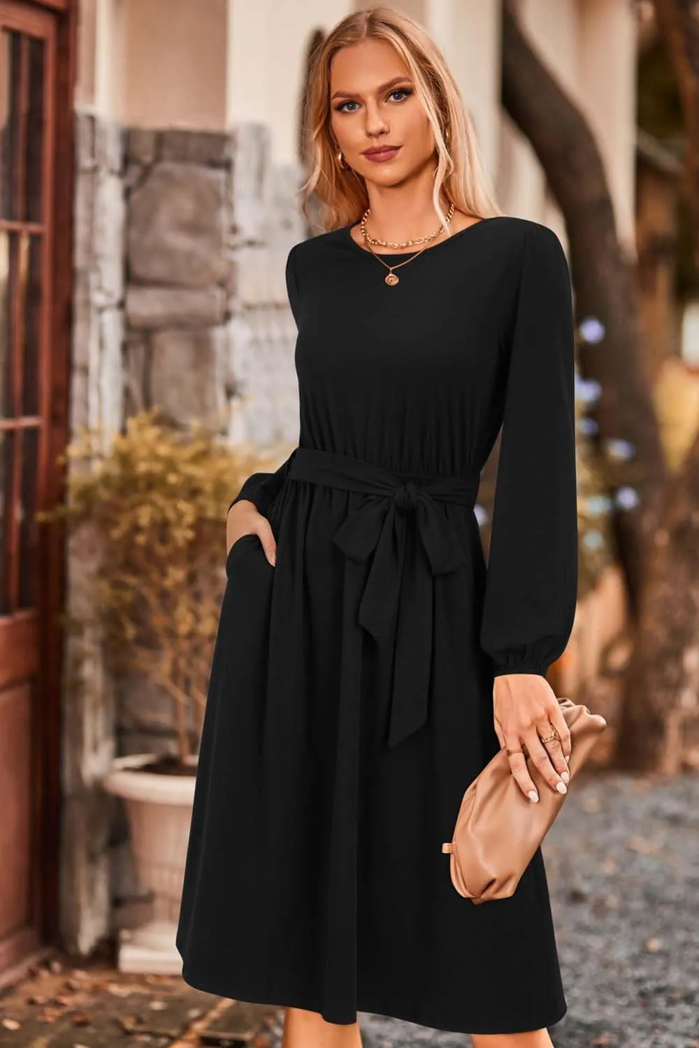 Newshows Womens 2024 Fall Long Sleeve Dress Casual Crewneck Belted A Line Flowy Midi Business Work Teacher Dresses