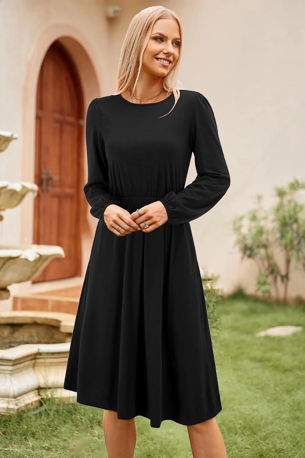 Newshows Womens 2024 Fall Long Sleeve Dress Casual Crewneck Belted A Line Flowy Midi Business Work Teacher Dresses