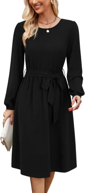 Newshows Womens 2024 Fall Long Sleeve Dress Casual Crewneck Belted A Line Flowy Midi Business Work Teacher Dresses