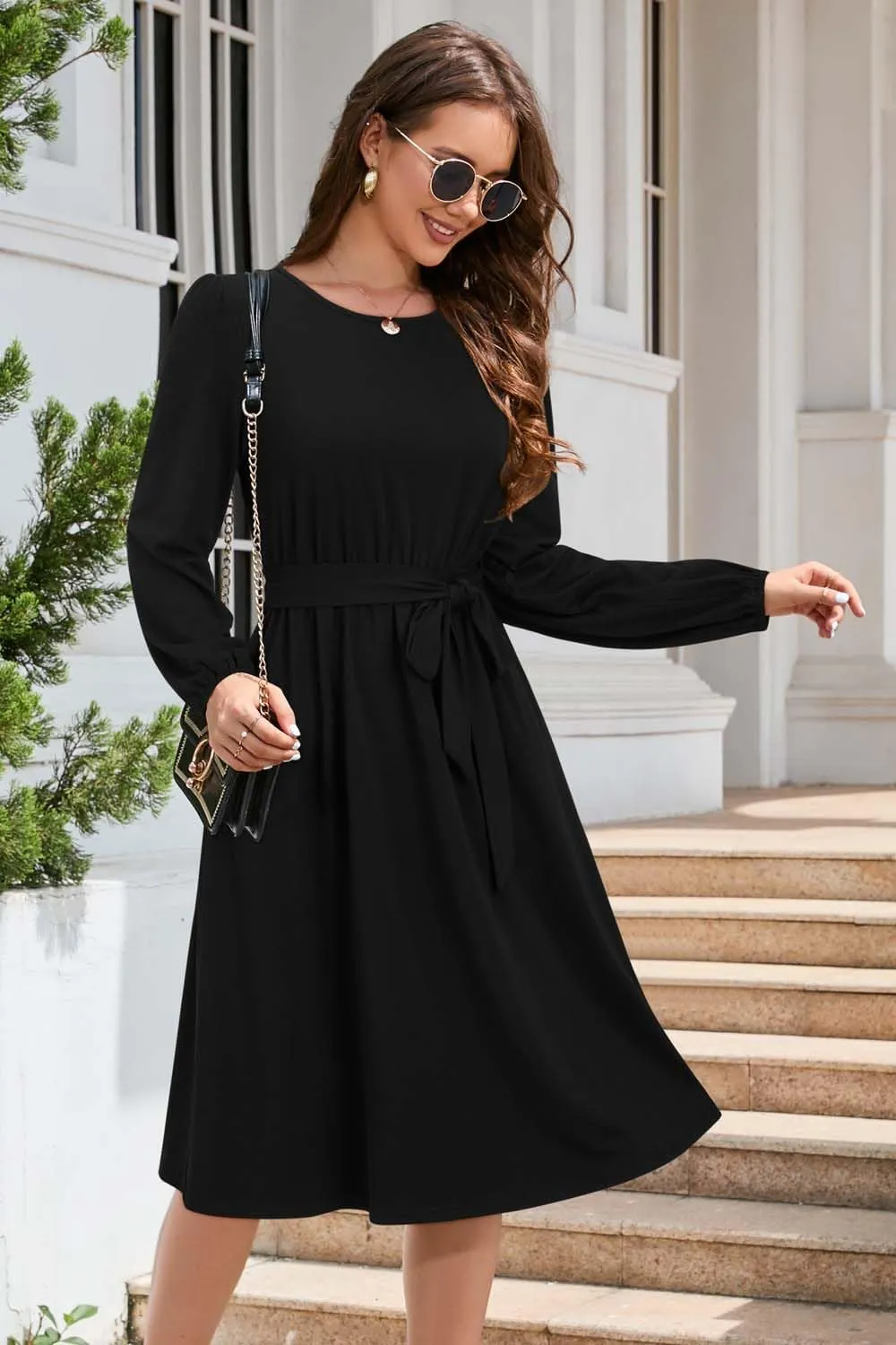 Newshows Womens 2024 Fall Long Sleeve Dress Casual Crewneck Belted A Line Flowy Midi Business Work Teacher Dresses