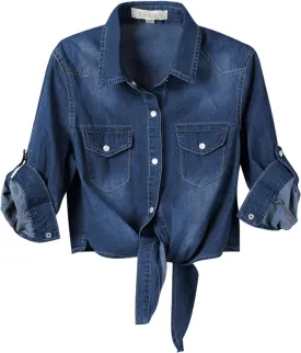 Omoone Women's 3/4 Sleeve Denim Crop Top Tie Knot Shirt Cardigan