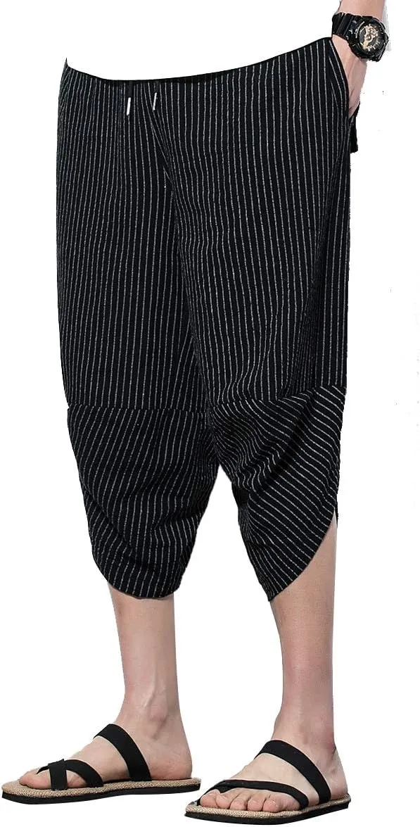 PRIJOUHE Men's Harem Capri Pants, Wide Leg Mens Capris, Summer Linen Pants