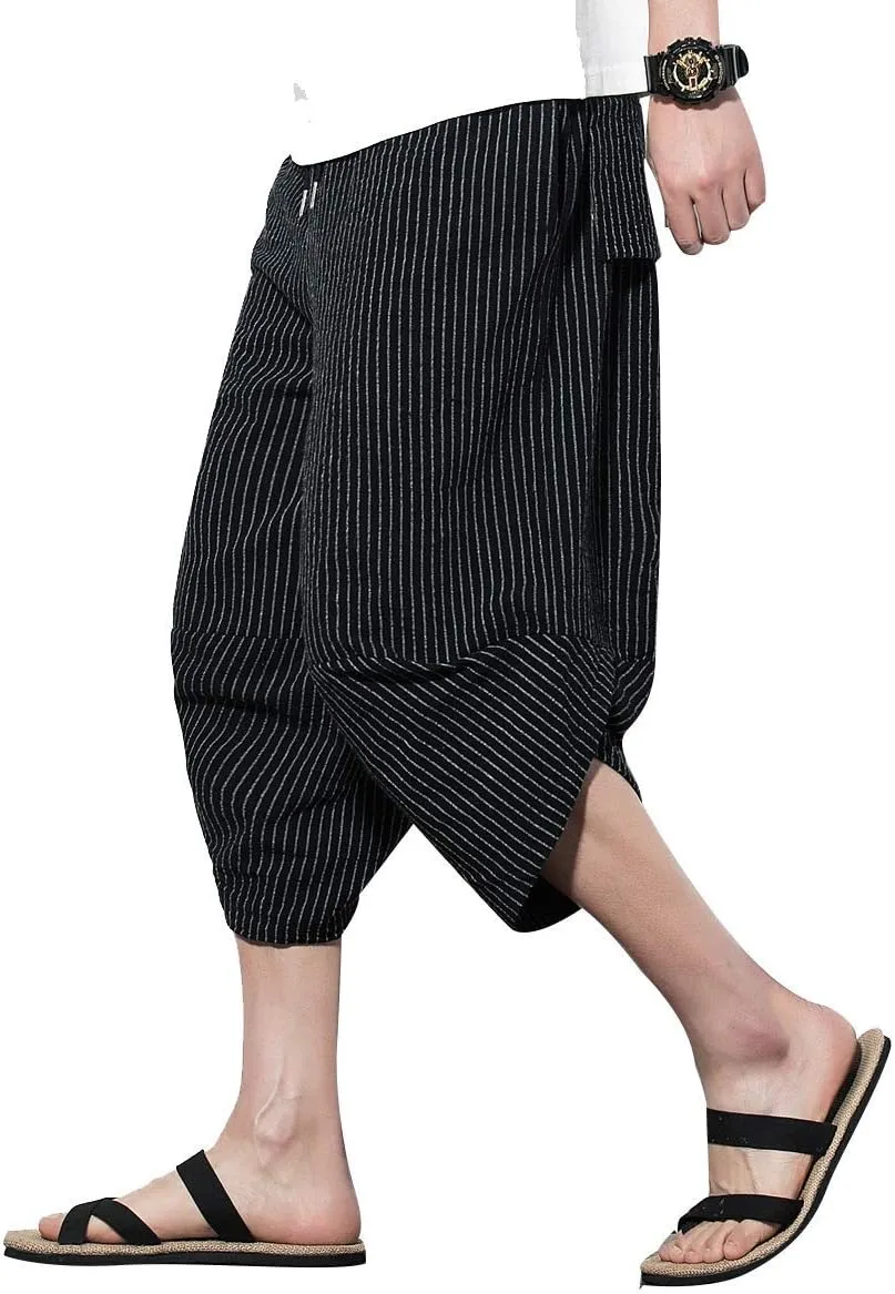 PRIJOUHE Men's Harem Capri Pants, Wide Leg Mens Capris, Summer Linen Pants