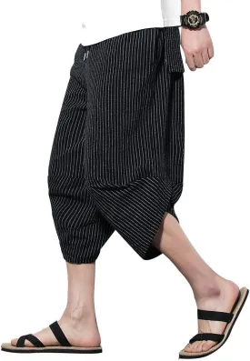 PRIJOUHE Men's Harem Capri Pants, Wide Leg Mens Capris, Summer Linen Pants