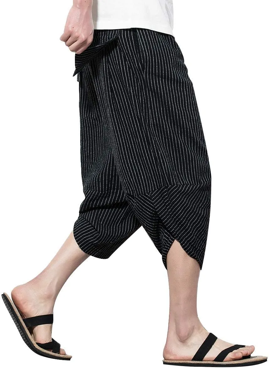 PRIJOUHE Men's Harem Capri Pants, Wide Leg Mens Capris, Summer Linen Pants