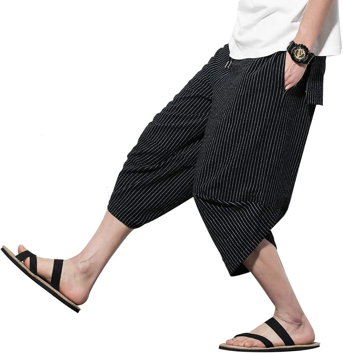 PRIJOUHE Men's Harem Capri Pants, Wide Leg Mens Capris, Summer Linen Pants