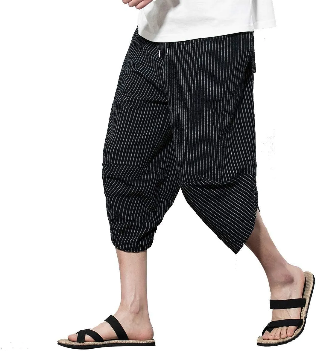 PRIJOUHE Men's Harem Capri Pants, Wide Leg Mens Capris, Summer Linen Pants