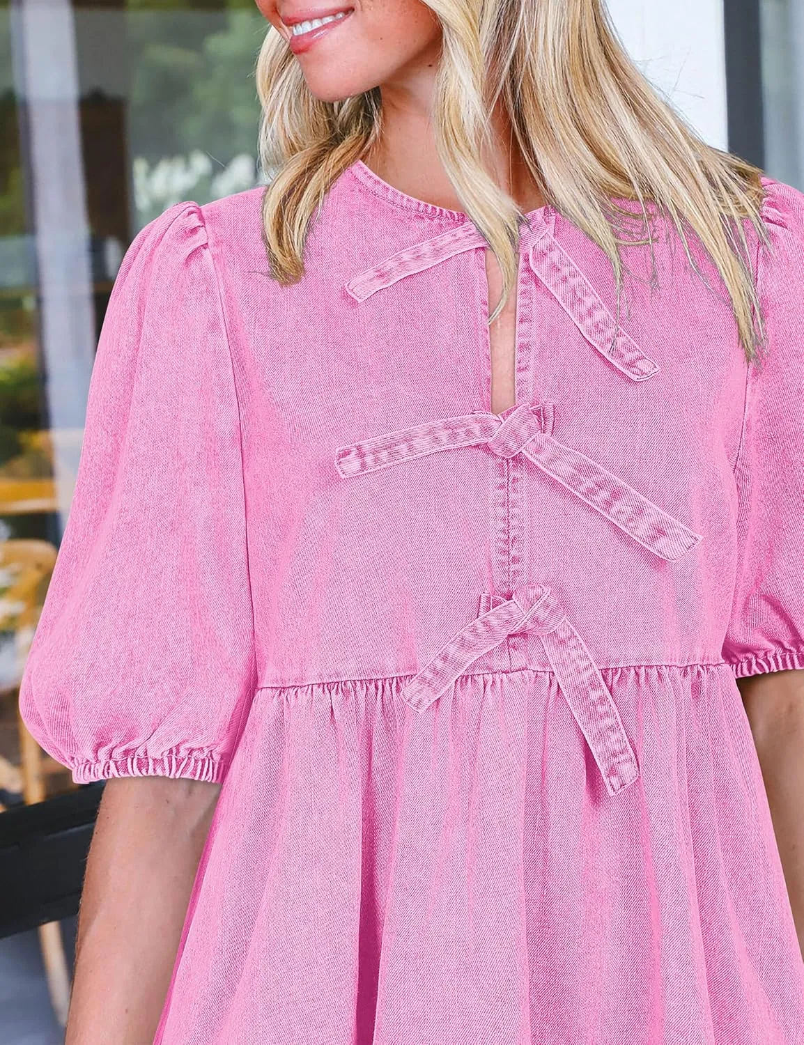 Qazel Vorrlon Denim Dress for Women Puff Short Sleeve Babydoll Jean Romper Pockets Summer Casual Blue Dresses 2025 Trendy