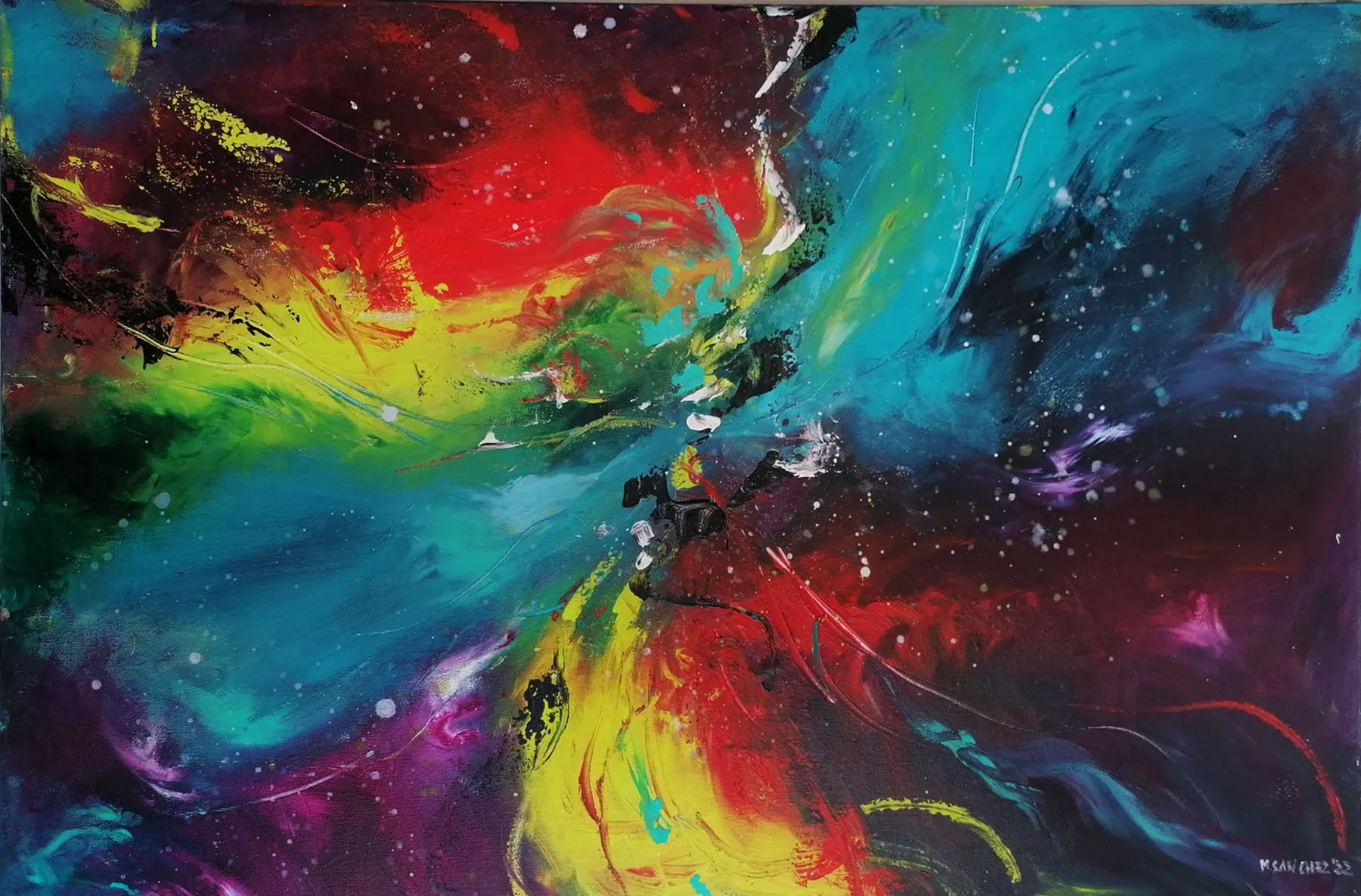 Red, yellow, blue & purple abstract painting 36  x 24 inches - ready to ship