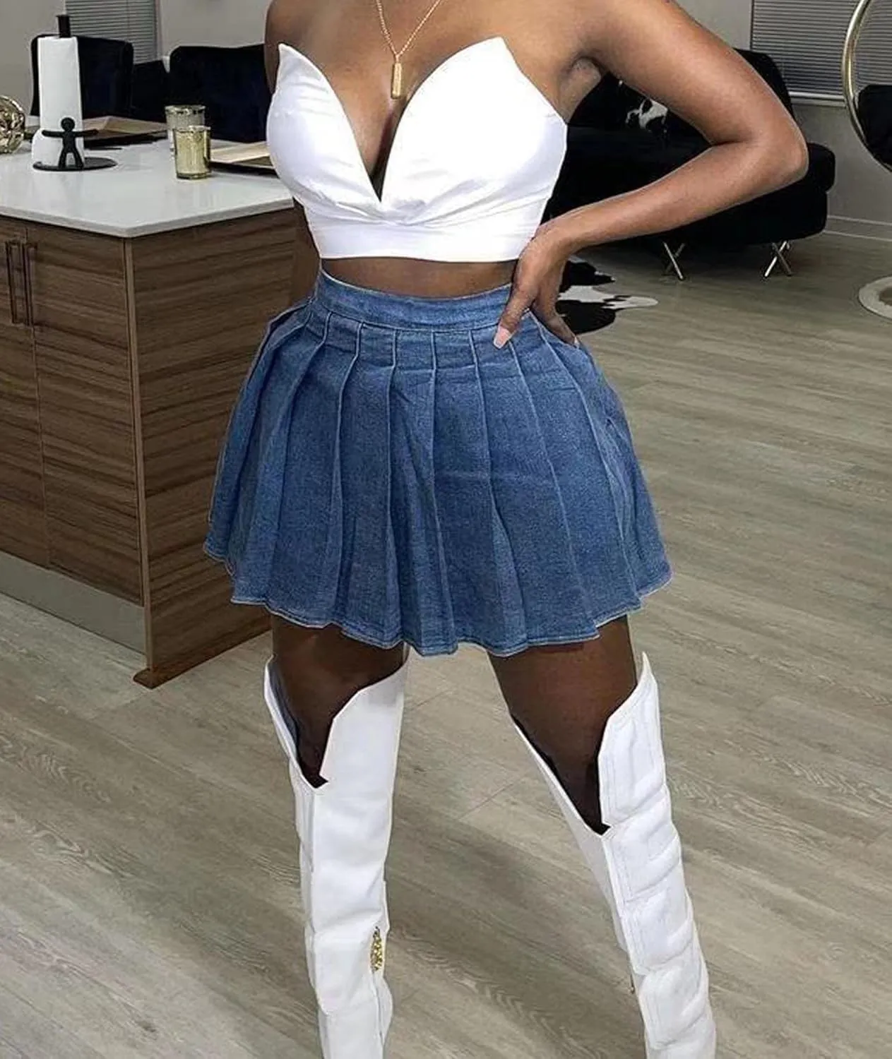 SEMATOMALA Women's Y2K Denim Pleated Mini Skirt Casual Summer Juniors Teen Girls Blue Jean Tennis Skater A-line Skirt