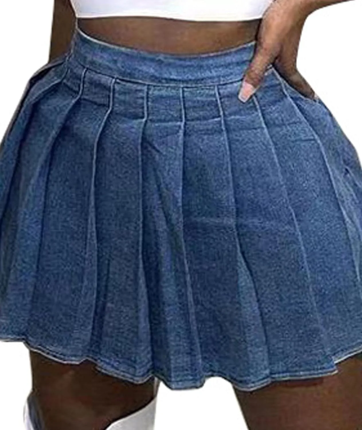 SEMATOMALA Women's Y2K Denim Pleated Mini Skirt Casual Summer Juniors Teen Girls Blue Jean Tennis Skater A-line Skirt