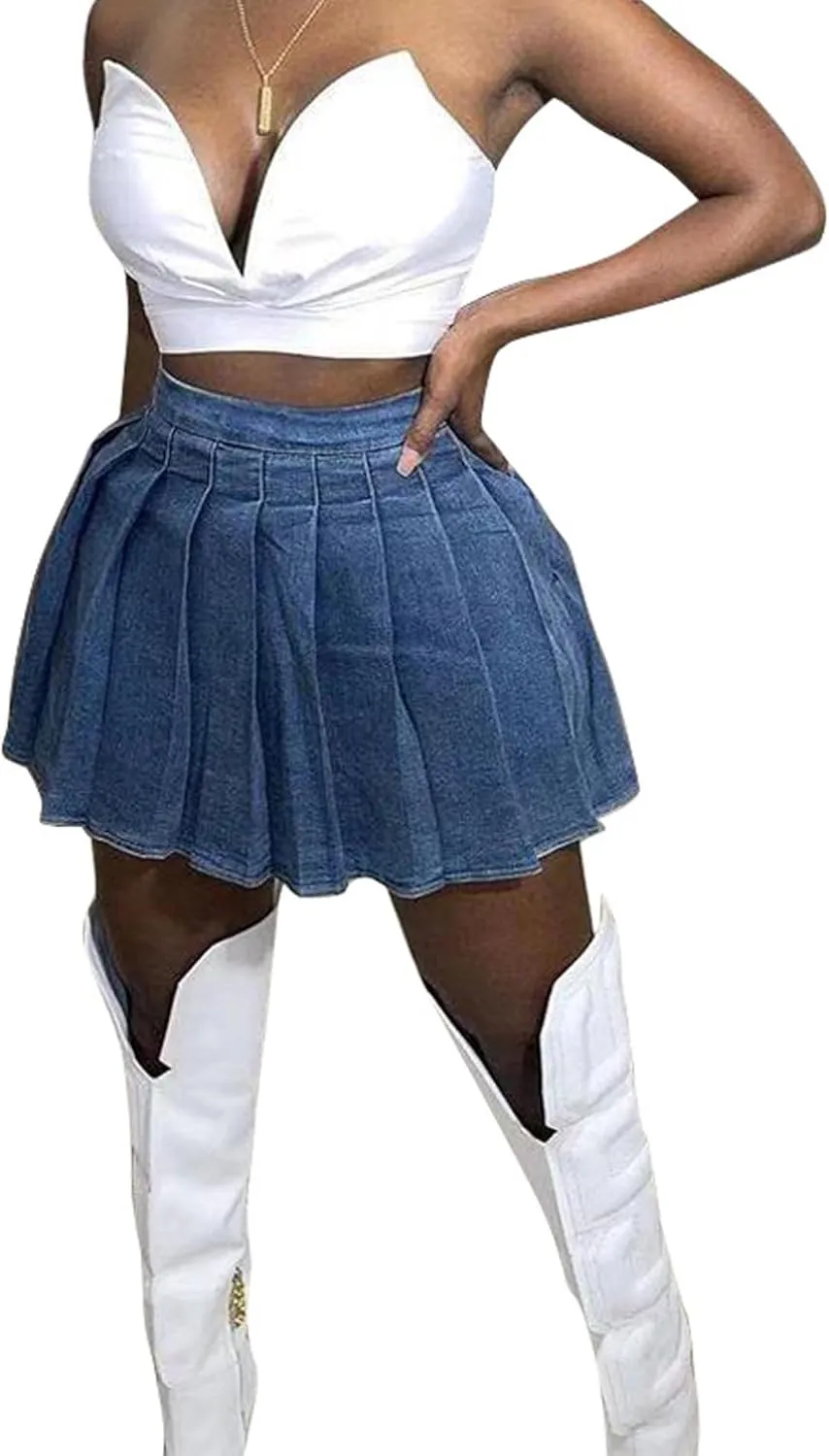 SEMATOMALA Women's Y2K Denim Pleated Mini Skirt Casual Summer Juniors Teen Girls Blue Jean Tennis Skater A-line Skirt