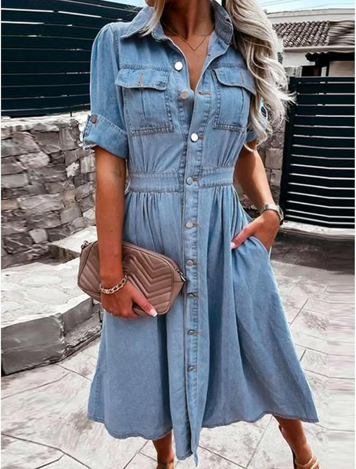 Sexyshine Women's Button Down Jean Shirt Dress Short Sleeve Pleated High Waist Lapel Collar Denim Long Dress with Pockets