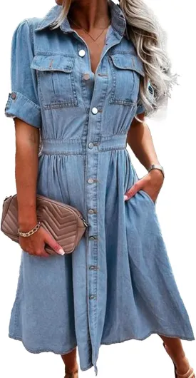 Sexyshine Women's Button Down Jean Shirt Dress Short Sleeve Pleated High Waist Lapel Collar Denim Long Dress with Pockets