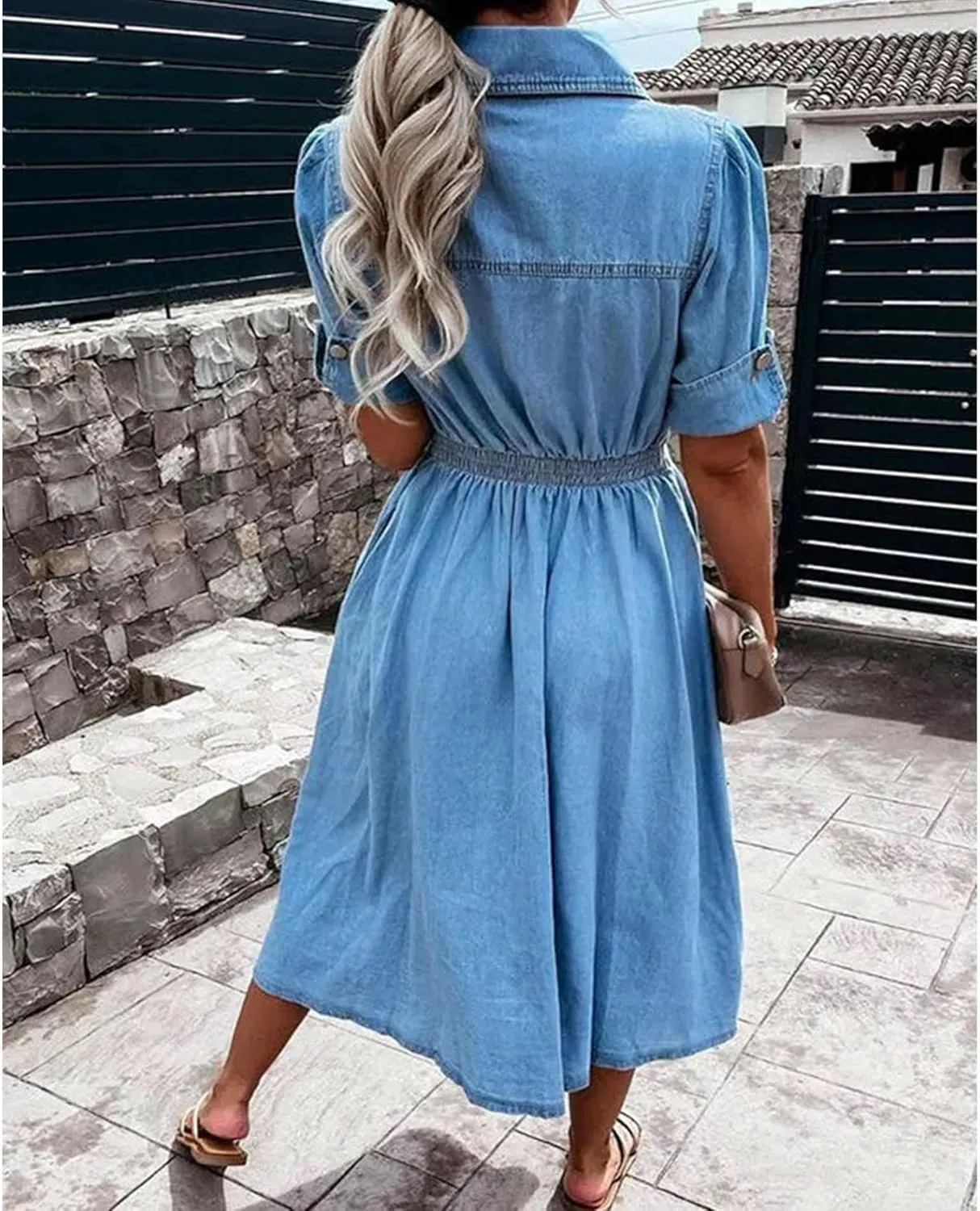 Sexyshine Women's Button Down Jean Shirt Dress Short Sleeve Pleated High Waist Lapel Collar Denim Long Dress with Pockets