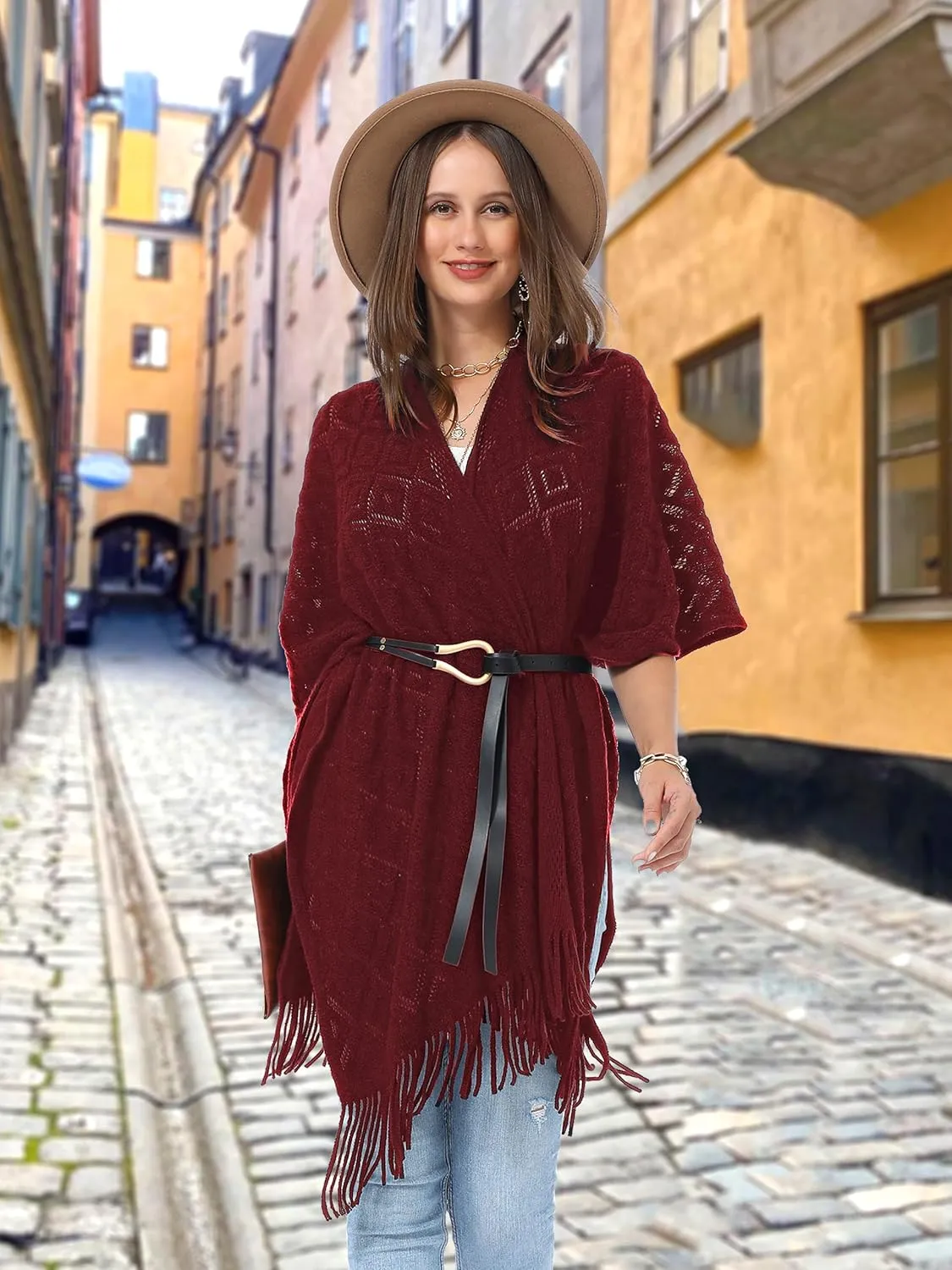 Soul Young Knit Shawl Wrap for Women Ladies Fringe Poncho Blanket Cardigan Cape