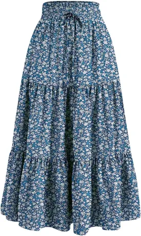Tiered Floral Maxi Skirts for Women Trendy Elastic High Waisted Flowy Long Skirt Summer Boho Beach A Line Skirt