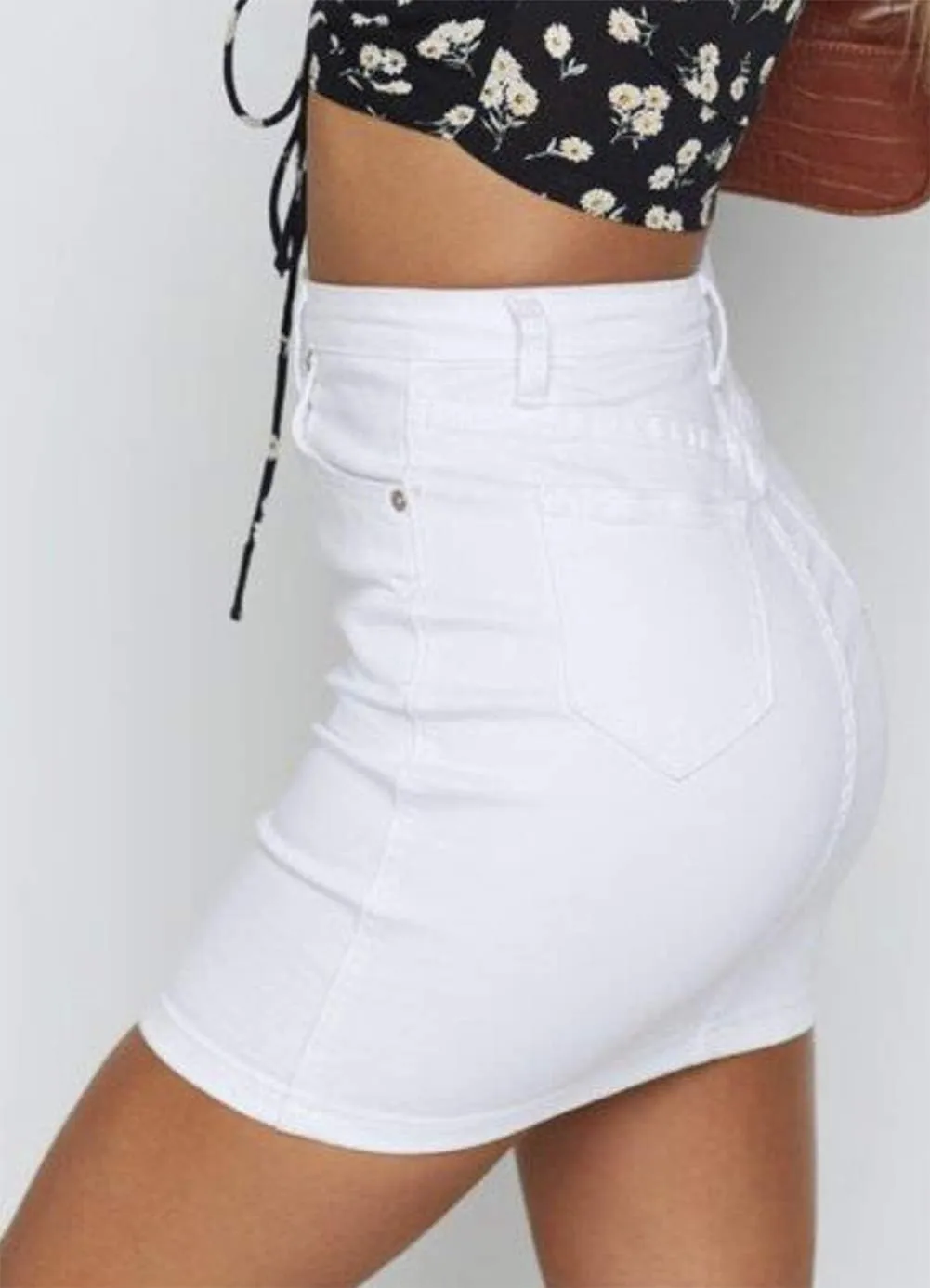 Tsher Jean Skirt Women's High Waisted Fringed Slim Fit Elastic Bodycon Mini Denim Skirt