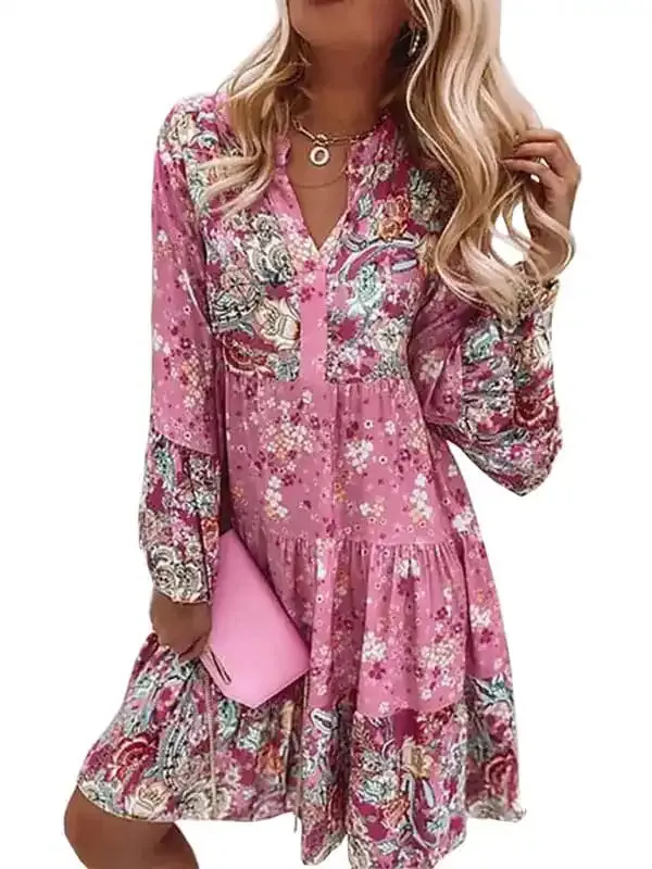 V-neck Floral Mosaic Printed Skirt Cropped Sleeve Layered Mini Dress