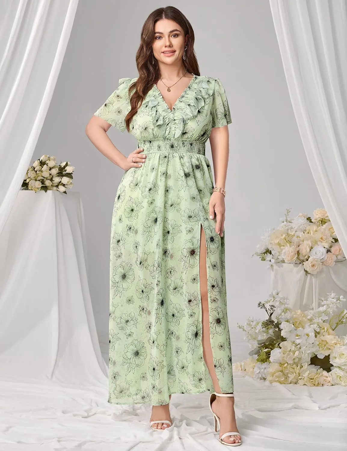 Wedding Guest Dresses for Women 2025 Elegant Classy Cocktail Gown Short Flutter Sleeve Floral Summer Maxi Dress