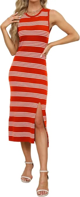 WIHOLL Womens Bodycon Summer Casual Midi Sundress Sleeveless Cute Hollow Out Knit Side Slit Striped Long Tank Dress