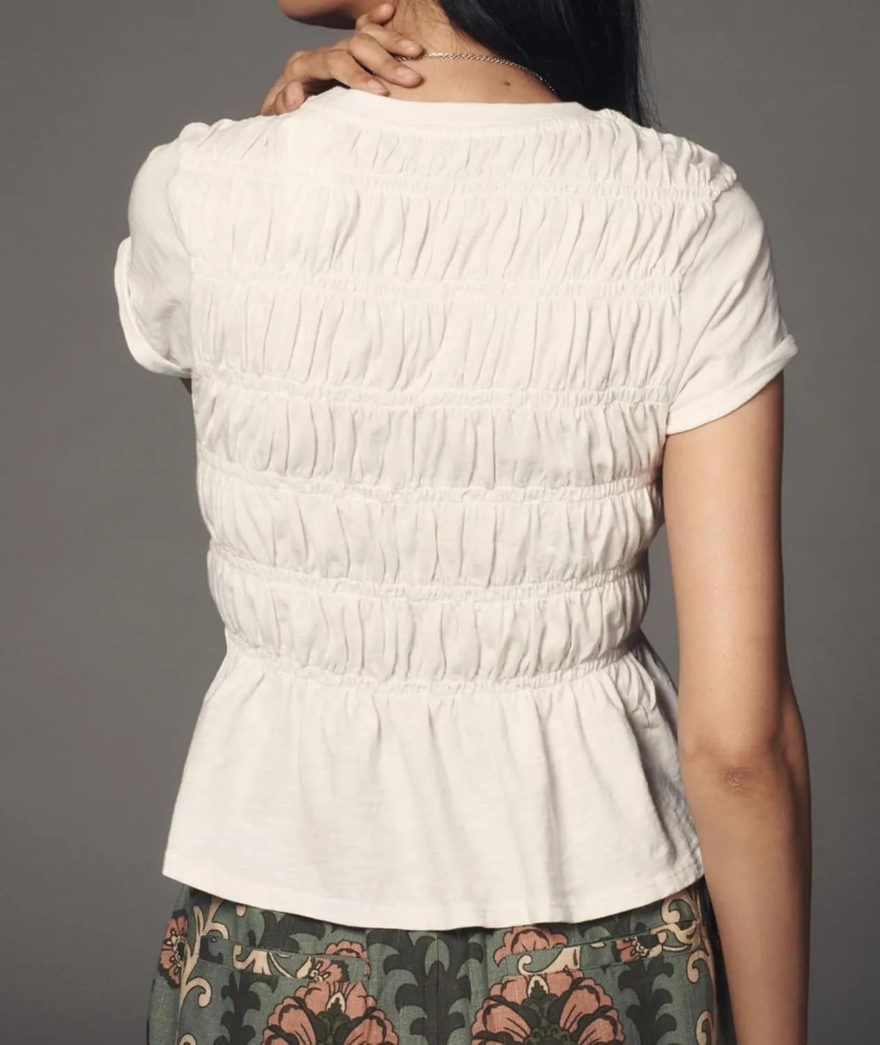 Women Smocked Peplum Top Round Neck Short Sleeve Solid Shirred Ruffle Hem Blouse Shirt Streetwear Summer 2025