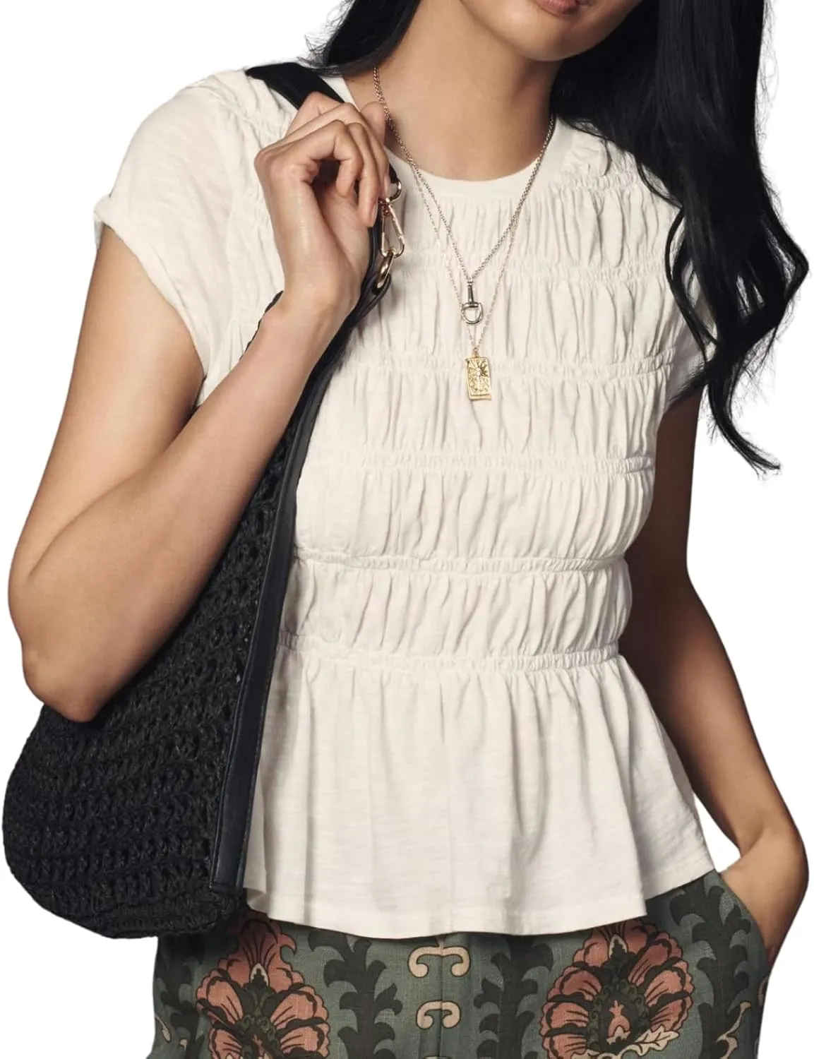 Women Smocked Peplum Top Round Neck Short Sleeve Solid Shirred Ruffle Hem Blouse Shirt Streetwear Summer 2025
