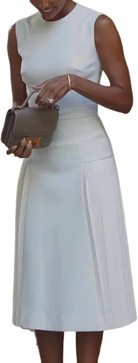 Women's 2025 Summer Straps Sleeveless Pleated Midi Dresses White Plain Waist Cinching Slim Fit Wedding Shift Dress
