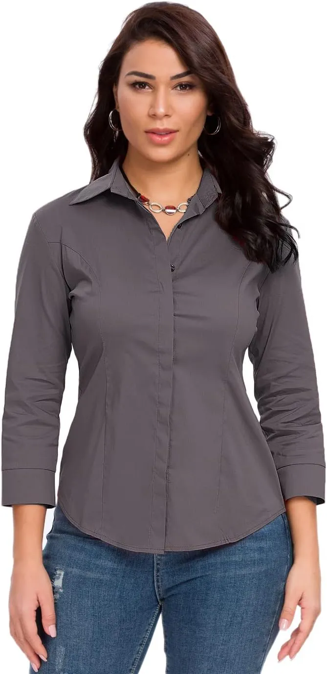 Womens Button Down Shirts Official Formal 3/4 Sleeve White Stretch Blouse Summer Dress Shirt