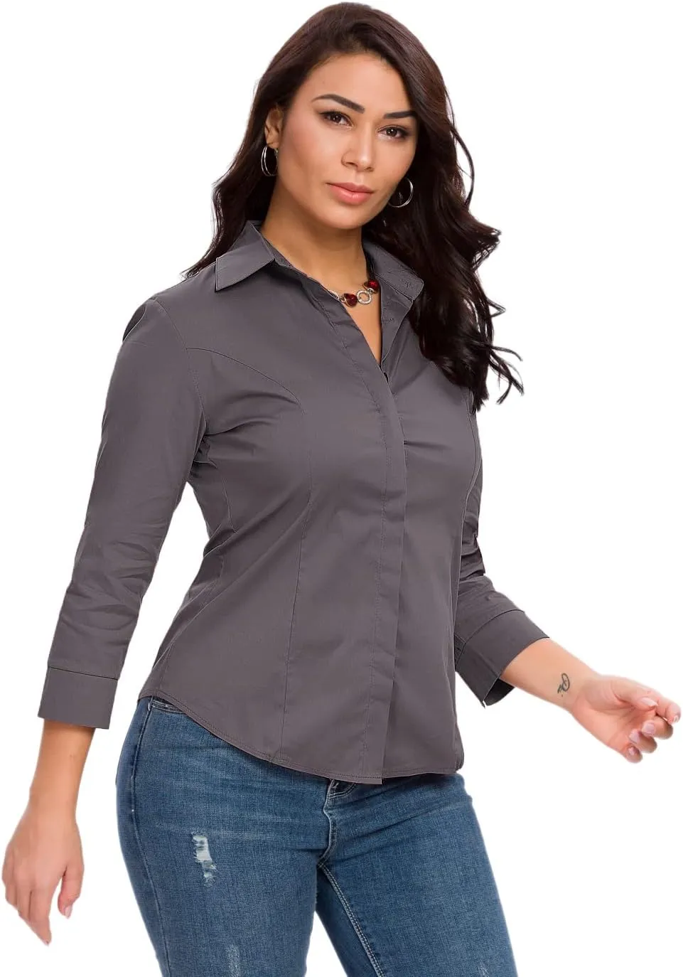 Womens Button Down Shirts Official Formal 3/4 Sleeve White Stretch Blouse Summer Dress Shirt