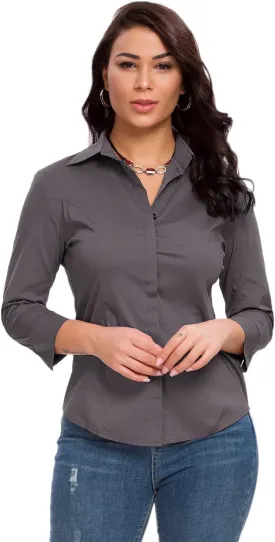 Womens Button Down Shirts Official Formal 3/4 Sleeve White Stretch Blouse Summer Dress Shirt