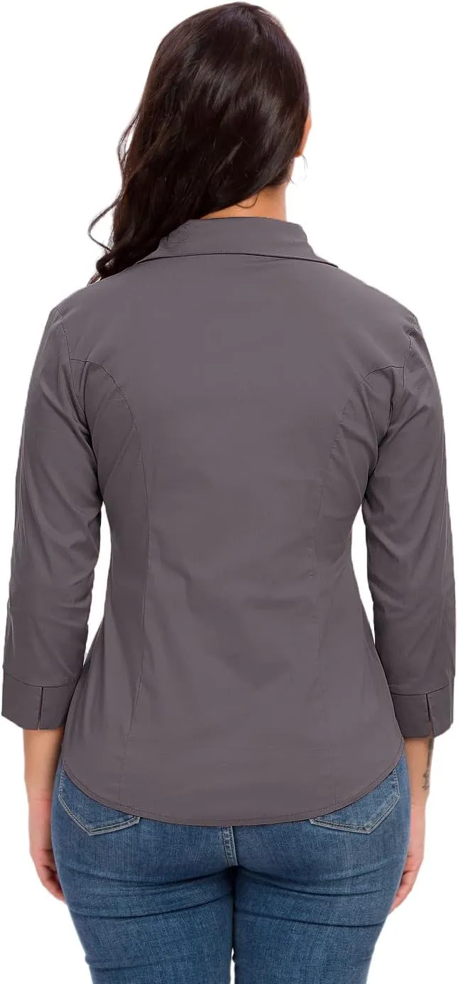 Womens Button Down Shirts Official Formal 3/4 Sleeve White Stretch Blouse Summer Dress Shirt