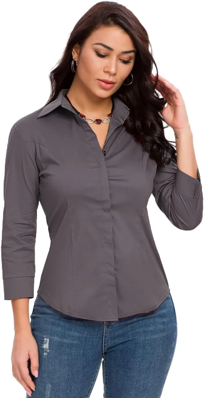 Womens Button Down Shirts Official Formal 3/4 Sleeve White Stretch Blouse Summer Dress Shirt