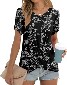 Womens Casual 2025 Tunic Summer Twist Front Tops Short Sleeve Blouse V-neck Loose Tshirt