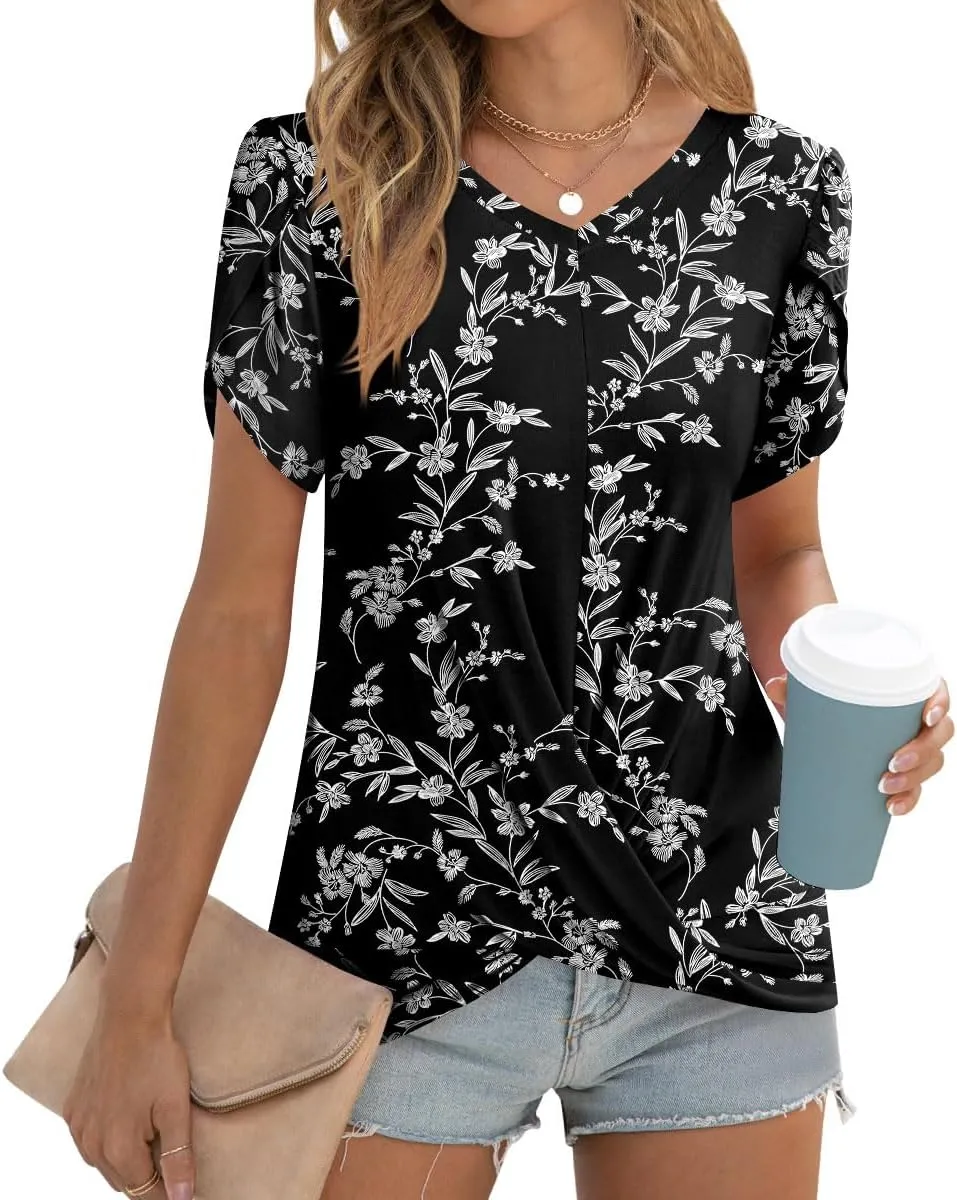 Womens Casual 2025 Tunic Summer Twist Front Tops Short Sleeve Blouse V-neck Loose Tshirt