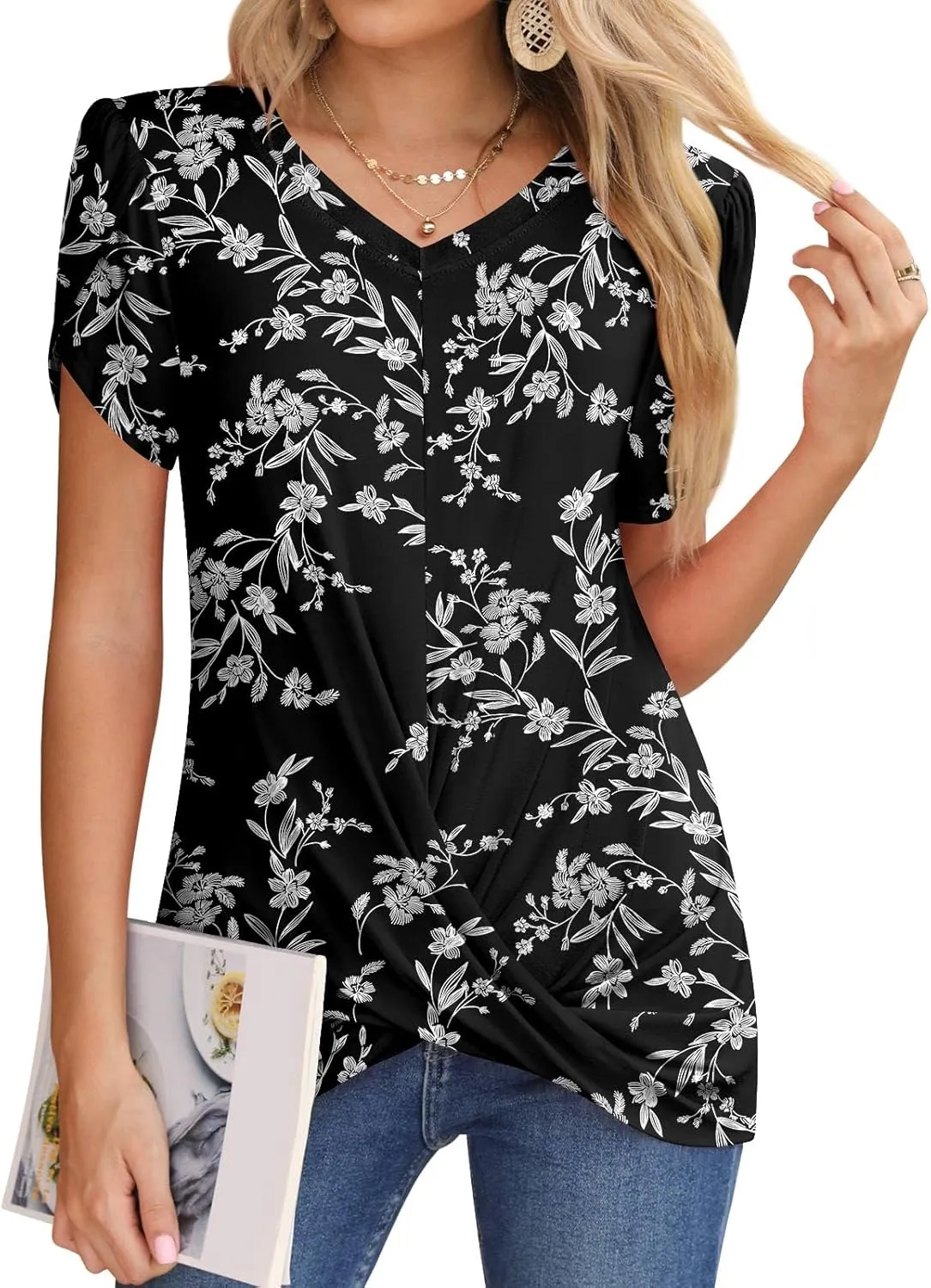 Womens Casual 2025 Tunic Summer Twist Front Tops Short Sleeve Blouse V-neck Loose Tshirt