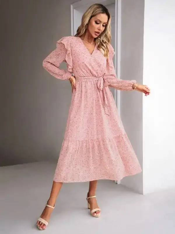 Women’s Fashion Casual Floral V-neck Long Sleeve Dress