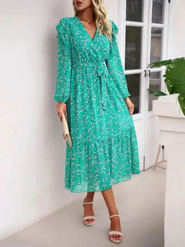 Women’s Fashion Casual Floral V-neck Long Sleeve Dress