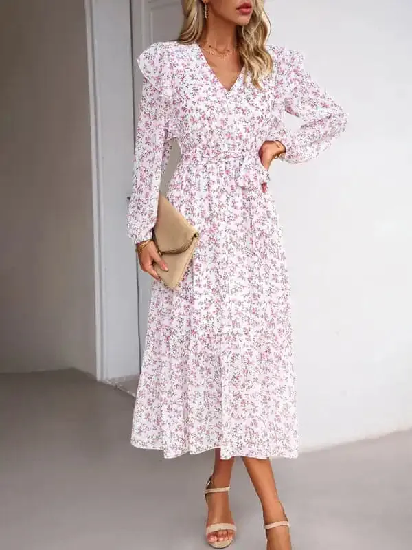 Women’s Fashion Casual Floral V-neck Long Sleeve Dress