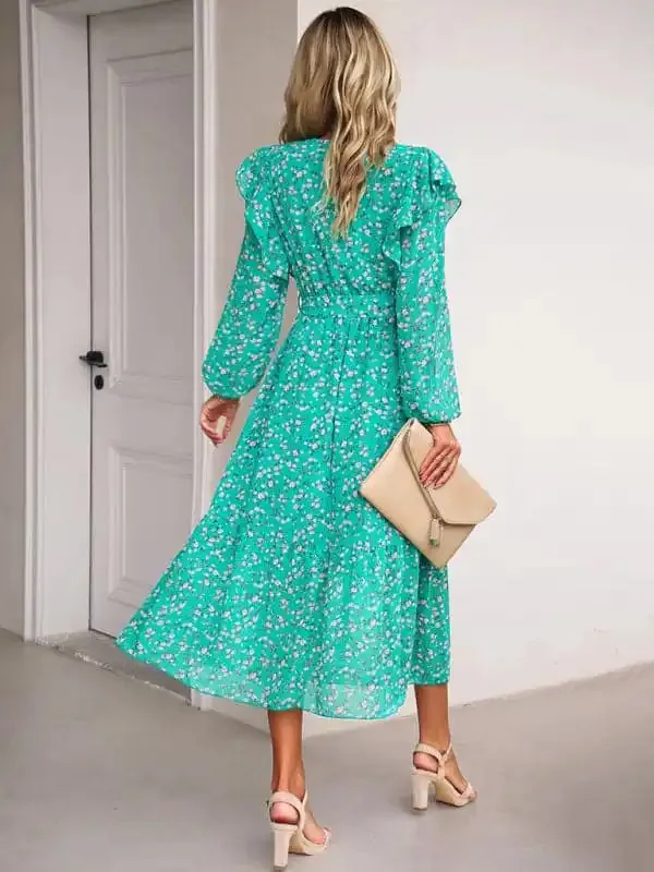 Women’s Fashion Casual Floral V-neck Long Sleeve Dress