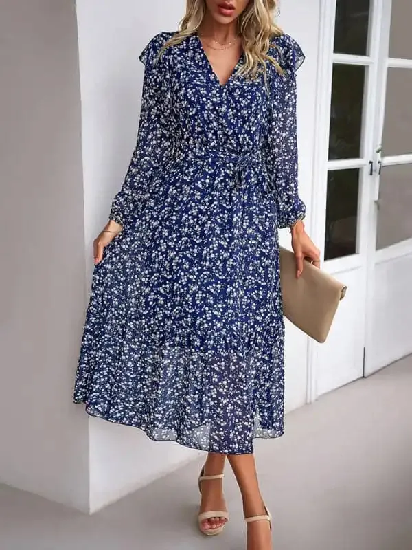 Women’s Fashion Casual Floral V-neck Long Sleeve Dress