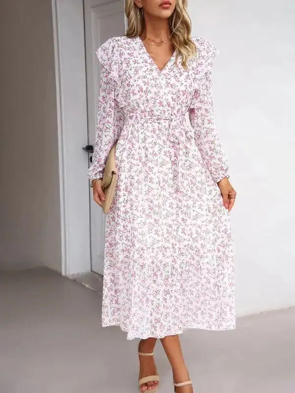 Women’s Fashion Casual Floral V-neck Long Sleeve Dress